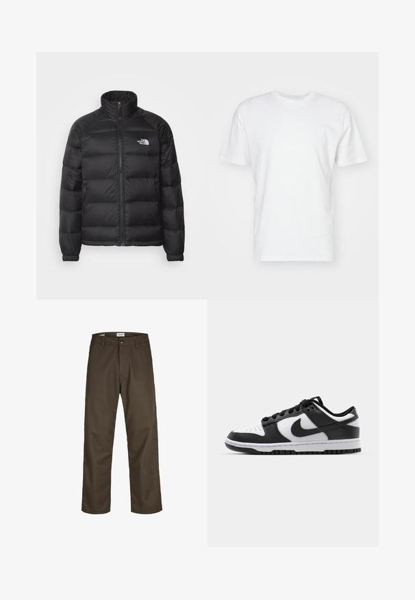 Čierna nafukovacia bunda s vysokým golierom, zipsom, prešívanou výplňou a bočnými vreckami. Má malé biele logo na hrudi.; Biela bavlnená tričko s krátkymi rukávmi, okrúhlym výstrihom a hladkou textúrou. Jednoduchý dizajn bez vzorov alebo grafiky.; Tmavohnedé chino nohavice so strihom rovného nohu, vyrobené z odolného materiálu. Obsahujú zapínanie na gombík a predné vrecká. Hladká textúra.; Čierno-biele tenisky Nike Dunk s koženým vrchom, perforovanou špičkou, čiernymi šnúrkami a čiernou gumovou podrážkou s dezénom.