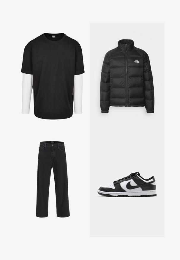 Schwarze Daunenjacke mit hohem Kragen, Reißverschluss, steppgefüttert und seitlichen Taschen. Mit kleinem weißen Logo auf der Brust.; Schwarzes T-Shirt mit kurzen Ärmeln, darunter mit einer weißen Langarm-Schicht. Aus Baumwolle gefertigt, mit Rundhalsausschnitt und lockerer Passform.; Schwarze gerade geschnittene Jeans aus Denim mit Knopf- und Reißverschluss, Gürtelschlaufen sowie Vorder- und Gesäßtaschen.; Schwarze und weiße Nike Dunk Sneakers mit einem Obermaterial aus Leder, perforierter Zehenpartie, schwarzen Schnürsenkeln und einer schwarzen Gummisohle mit Profildesign.