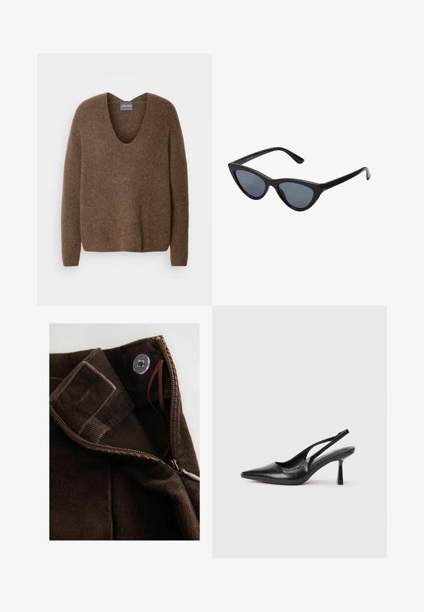Ilgas alyvuogių žalios džinsinio audinio paltas su juodu velveto apykakle, atsisegamu priekyje, dviem šoninėmis kišenėmis ir šiek tiek per dideliu siluetu.; Rudas megztinis su giliu V-įpjovimu. Turi ilgas rankoves ir laisvą siluetą. Minkšta tekstūra ir subtilus prekės ženklo ženklas ant apvado.; Ruda velveto medžiaga su lygiu paviršiumi, pasižyminti užtrauktuku, mygtukų uždarymu ir vidiniu juostele saugiam užsegimui.; Juoda odinė aukšta kulno šlepetė su smailiu nosiu ir siauru kulnu ant balto fono.; Juoda katės akies forma akiniai su tamsiai pilkais lęšiais, elegantiškas plastikinis rėmas, smailios kampo formos ir tiesios šventyklos. Matomų metalinių detalių arba akcentų nėra.