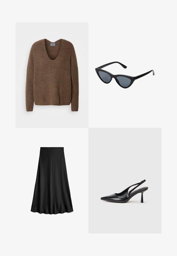 Lange olijfgroene denimjas met een zwarte corduroy kraag, drukknoopsluiting aan de voorkant, twee zijzakken en een licht oversized silhouet.; Bruine, gebreide trui met een diepe V-hals. Beschikt over lange mouwen en een relaxte pasvorm. Zachte textuur en subtiele merkdetails onderaan.; Zwarte satijnen A-lijnrok met een gladde textuur, knielengte, met een eenvoudig, strak ontwerp zonder versieringen of patronen.; Zwarte leren slingback hoge hak schoenen met puntige neus en slanke hak op een witte achtergrond.; Zwarte cat-eye zonnebril met donkergrijze lenzen, slank plastic frame, puntige hoeken en rechte pootjes. Geen zichtbare hardware of accenten.