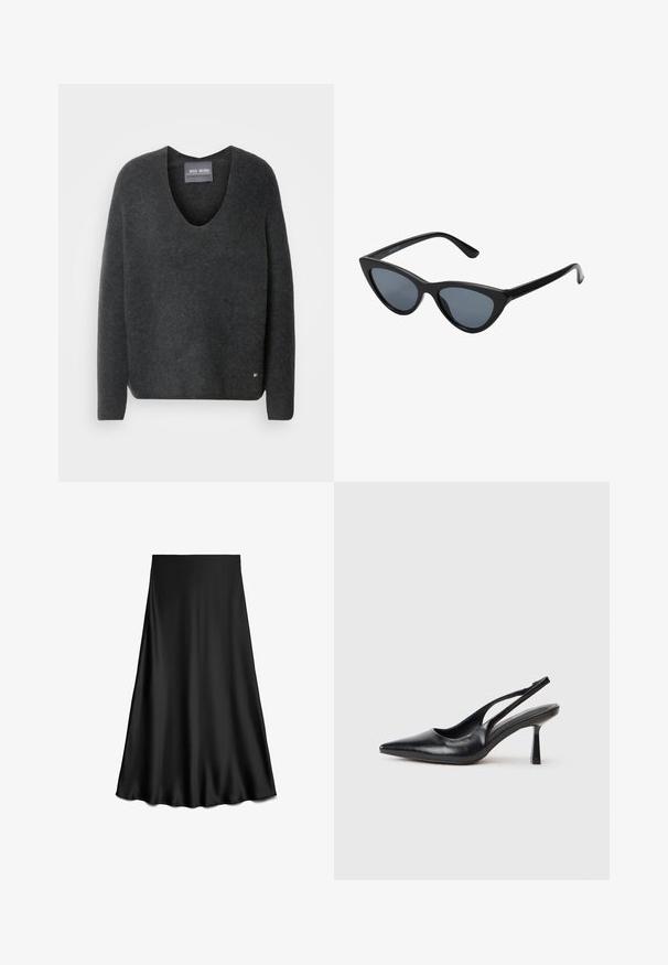 Lang olivgrønn denimkåpe med svart kordfløyelskrage, trykknapplukking foran, to sidelommer og en litt oversized silhuett.; Mørk grå genser med V-hals, laget av myk, teksturert stoff. Den har lange ermer og et lite logoakcent ved sømmen.; Svart sateng A-linje skjørt med jevn tekstur, knelangt, med et enkelt, rent design uten pynt eller mønstre.; Svart skinn slingback høyhælte sko med spiss tå og slank hæl på hvit bakgrunn.; Sorte cat-eye solbriller med mørk grå linser, glatte plastikkrammer, spisse hjørner og rette stenger. Ingen synlig maskinvare eller detaljer.