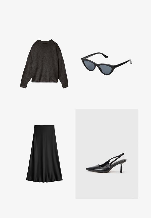 Dlhý olivovo zelený denimový kabát s čiernym manžestrovým golierom, zapínanie na patentky vpredu, dve bočné vrecká a mierne voľný strih.; Tmavošedý sveter vyrobený z mäkkej tkaniny, s okrúhlym výstrihom, spustenými ramenami a rebrovaným lemom a manžetami. Jednoduchý dizajn, bez vzorov.; Čierna, saténová sukňa áčkového strihu s hladkou textúrou, dĺžka po kolená, s jednoduchým, čistým dizajnom bez ozdôb alebo vzorov.; Čierna kožená sandálová vysoká topánka s špicatou špičkou a štíhlým podpätkom na bielom pozadí.; Čierne slnečné okuliare v štýle mačacích očí s tmavošedými sklami, elegantným plastovým rámom, špicatými rohmi a rovnými stranami. Bez viditeľného hardvéru alebo akcentov.
