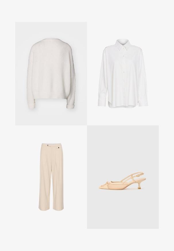 Vit skjorta med krage, långa ärmar, något lös passform och axelaccenter. Tillverkad av lätt, texturerat tyg.; Vit, fluffig majtröja med avslappnad passform, ribbade ärmslut och nederkant. Slät textur utan synliga knäppningar eller mönster.; Beige, vida byxor med flat front, två sidofickor, knäppning med knapp och veckdetaljer för extra textur och design.; Stuart Weitzman KITTY - Pumps - beige/barely beige
