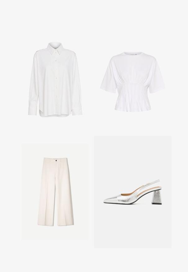 Biała koszula z guzikami, z kołnierzykiem, długimi rękawami, lekko luźnym krojem i akcentami na ramionach. Wykonana z lekkiego, teksturowanego materiału.; Biała, krótki rękaw, bluzka wykonana z miękkiego materiału, z okrągłym dekoltem i marszczeniami w talii, co zapewnia dopasowany wygląd.; Kremowe spodnie szerokie z dopasowanym krojem, z dwoma przednimi kieszeniami i pojedynczym zapięciem na guzik z przodu, wykonane z gładkiego materiału.; Srebrne czółenka slingback z wąskim noskiem, metalicznym wykończeniem oraz trójkątnym obcasem blokowym. Wnętrze zdobione brązowymi skórzanymi detalami.