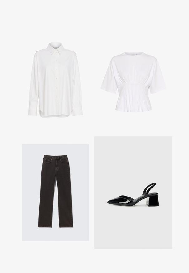 Cămășă albă cu guler, mâneci lungi, croială ușor lejeră și accente la umeri. Fabricată dintr-un material ușor și texturat.; Top alb cu mâneci scurte, dintr-un material moale, având un guler rotund și detalii strânse la talie pentru un aspect ajustat.; Blugi din denim negru cu design cu picior drept, cinci buzunare și închidere cu nasturi. Se pot observa detalii notabile de textură și cusături.; Pantofi cu toc slingback din piele lacuită neagră, cu vârf ascuțit și toc geometric. Prezintă un design elegant, minimalist și o textură netedă.