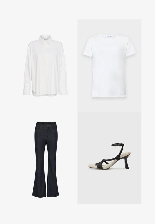 Fehér, galléros, gombos ing, hosszú ujjal, enyhén laza fazonban, válldíszítéssel. Könnyű, texturált szövetből készült.; Fehér, rövid ujjú póló, pamutból készült, kerek nyakkivágással. Sima textúrájú, egyenes vonalú, minta vagy díszítés nélkül.; Sötétkék, bővülő szárú farmernadrág. Elülső zsebekkel, látható varrással és gombos derékzárral rendelkezik. Sima textúra.; Fekete sarkú szandál fonott pánttal, négyzet alakú orral és állítható bokapánttal. Világos bézs talpbetét fényes fekete sarkával.