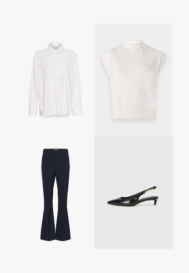 Vit skjorta med krage, långa ärmar, något lös passform och axelaccenter. Tillverkad av lätt, texturerat tyg.; Vit ärmlös polotröja tillverkad av mjukt tyg, med en strukturerad design och en slät textur samt diskreta ribbade kantdetaljer.; Marinblå randiga utsvängda byxor med två framfickor, skräddarsydd design och ett släthet, texturerat tyg. Accenterad med smala blå ränder.; Svart läder slingback-hälar med spetsig tå, med en smal klack och en guldtonad detalj på den justerbara remmen. Slät textur.