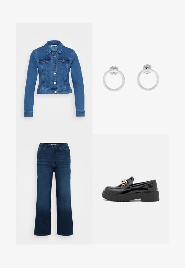 Keskmise sinise värvusega lühendatud denimijope. Sellel on nööpide sulgemine ja kaks rinnataskut. Sirge krae ja pikad varrukad, millel on kitsad mansetid.; Even&Odd Petite 2 PACK - Topp - light grey/black; ONLY Petite ONLMADISON BLUSH WIDE - Wide leg - dark blue denim; Mustad musta läikiva nahaga loaferid, millel on jäme must tald ja kuldsed detailid. Sujuv tekstuur ja ümar varvaste disain.; Hõbedased metallist rõngastooted, millel on harjatud tekstuur, ümmargune disain ja selge tagumine post, tagamaks kindlat kandmist.