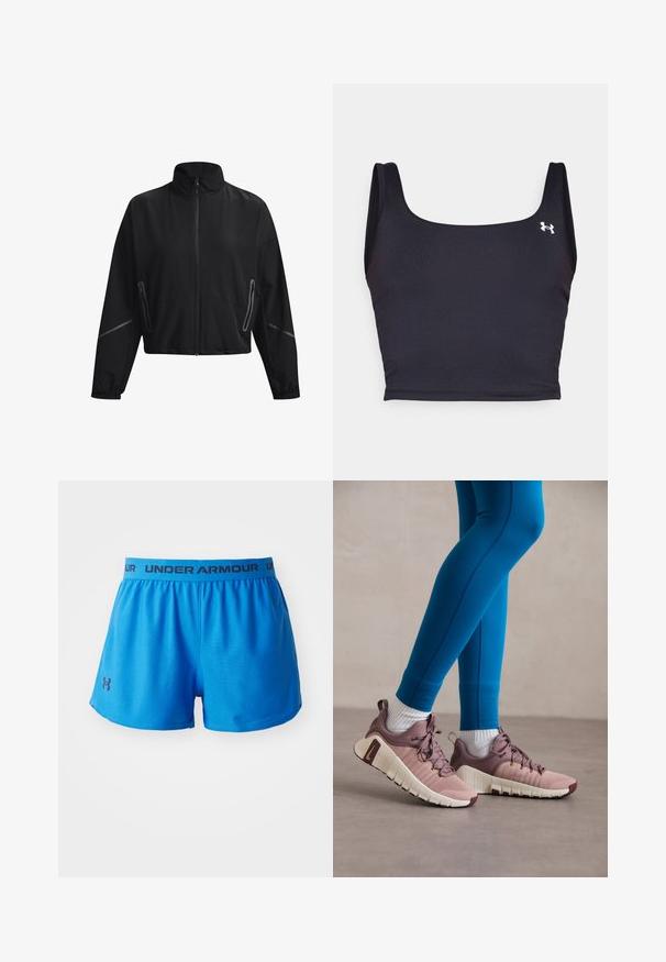 Svart kort jacka med hög krage, frontdragkedja, elastiska ärmslut och sidofickor med dragkedja. Har subtila reflexdetaljer.; Svart sportstopp i croptop-stil av ett slätt material, med fyrkantig halsringning och breda axelremmar. Har en liten vit logga på sidan.; Blå sportshorts i lättviktig tyg. Har en elastisk midja med "UNDER ARMOUR"-logotyp och en liten logotyp på sidan.; Sportskor i ljusrosa och beige med strukturerade sidopaneler, bruna accenter och flexibla sulor. Bärs med blå tights och vita strumpor.