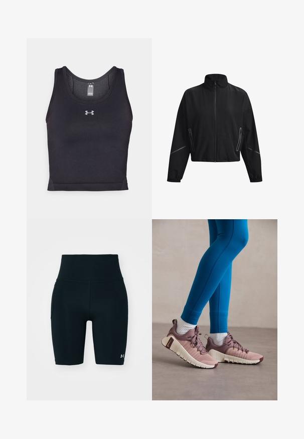 Svart cropped jakke med høy krage, frontglidelås, elastiske mansjetter og sideglidelommer. Har subtile reflekterende accenter.; Svart atletisk tanktopp laget av stretchy stoff med en jevn tekstur. Har rund hals og en liten sølvfarge logo i midten foran.; Svarte treningshorts laget av elastisk stoff, med høy midje og sidelomme. Jevn tekstur med flate sømmer og logoakse.; Athletiske sko i lys rosa og beige med teksturerte sid paneler, brune accenter og fleksible såler. Båret med blå tights og hvite sokker.