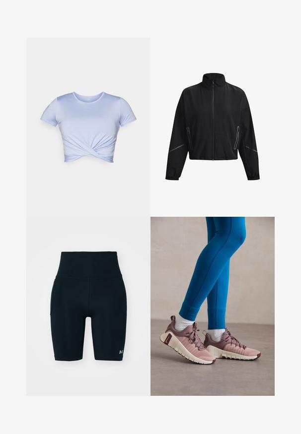 Black cropped jacket with a high collar, front zipper, elastic cuffs, and side zip pockets. Features subtle reflective accents.; Light blue cropped t-shirt made of smooth fabric, featuring a twist detail at the front, short sleeves, and a round neckline.; Black athletic shorts made of stretchy fabric, featuring a high waistband and side pocket. Smooth texture with flat seams and logo accent.; Athletic shoes in light pink and beige with textured side panels, brown accents, and flexible soles. Worn with blue leggings and white socks.