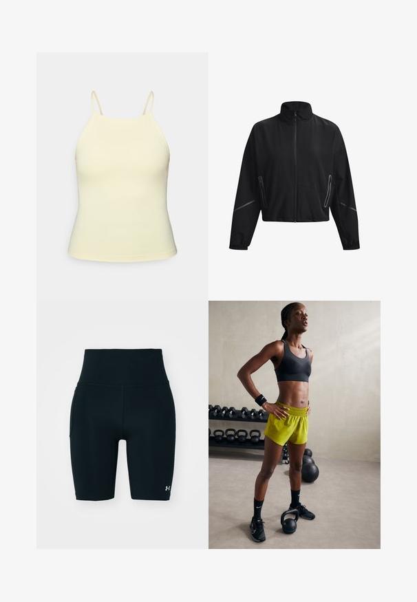 Svart cropped jakke med høy krage, frontglidelås, elastiske mansjetter og sideglidelommer. Har subtile reflekterende accenter.; Lys gul, ermeløs tanktopp med tynne stropper, laget av et glatt, elastisk stoff. Har en tettsittende silhuett og subtil logo-detalj.; Svarte treningshorts laget av elastisk stoff, med høy midje og sidelomme. Jevn tekstur med flate sømmer og logoakse.; Svart sports-bh, lyse gule shorts med elastisk midje, svarte joggesko og håndleddsbånd, står ved siden av kettlebells.
