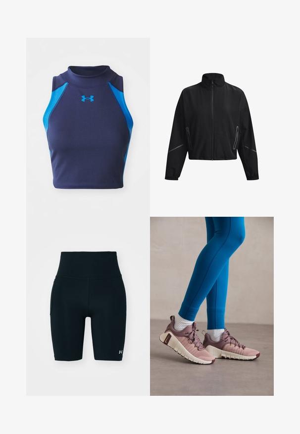 Czarna krótka kurtka z wysokim kołnierzem, przednim zamkiem błyskawicznym, elastycznymi mankietami i bocznymi kieszeniami na zamek. Zawiera subtelne odblaskowe akcenty.; Granatowa bezrękawnikowa crop top z ribbowanej tkaniny z niebieskimi akcentami. Posiada wysoki dekolt i logo Under Armour z przodu.; Czarne szorty sportowe wykonane z elastycznego materiału, z wysokim stanem i boczną kieszenią. Gładka tekstura z płaskimi szwami i akcentem w postaci logo.; Buty sportowe w jasnym różu i beżu z teksturowanymi bocznymi panelami, brązowymi akcentami i elastycznymi podeszwami. Noszone z niebieskimi legginsami i białymi skarpetkami.