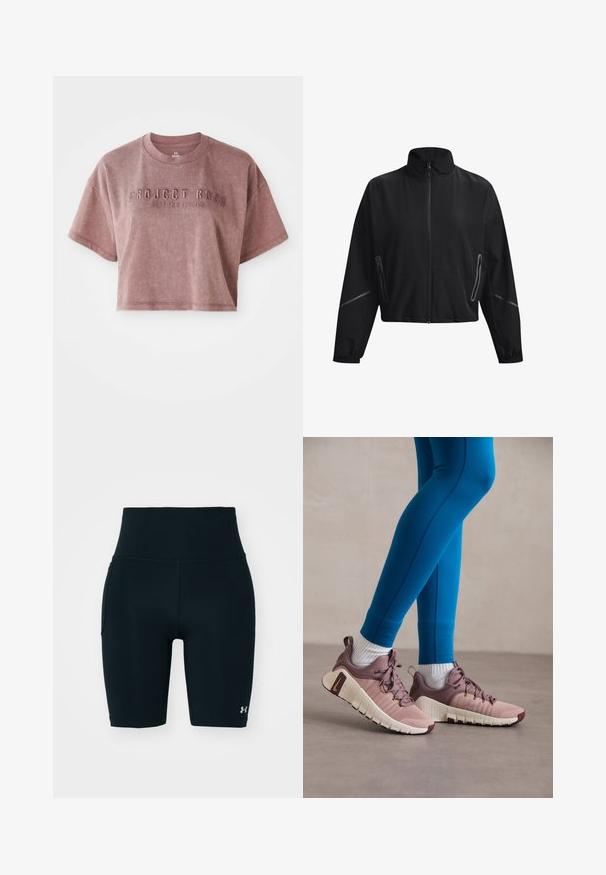 Black cropped jacket with a high collar, front zipper, elastic cuffs, and side zip pockets. Features subtle reflective accents.; Cropped, short-sleeve t-shirt in dusty rose color, made of soft fabric. Features embossed text "PROJECT ROCK" and "STOP FOR NOTHING" on the front.; Black athletic shorts made of stretchy fabric, featuring a high waistband and side pocket. Smooth texture with flat seams and logo accent.; Athletic shoes in light pink and beige with textured side panels, brown accents, and flexible soles. Worn with blue leggings and white socks.