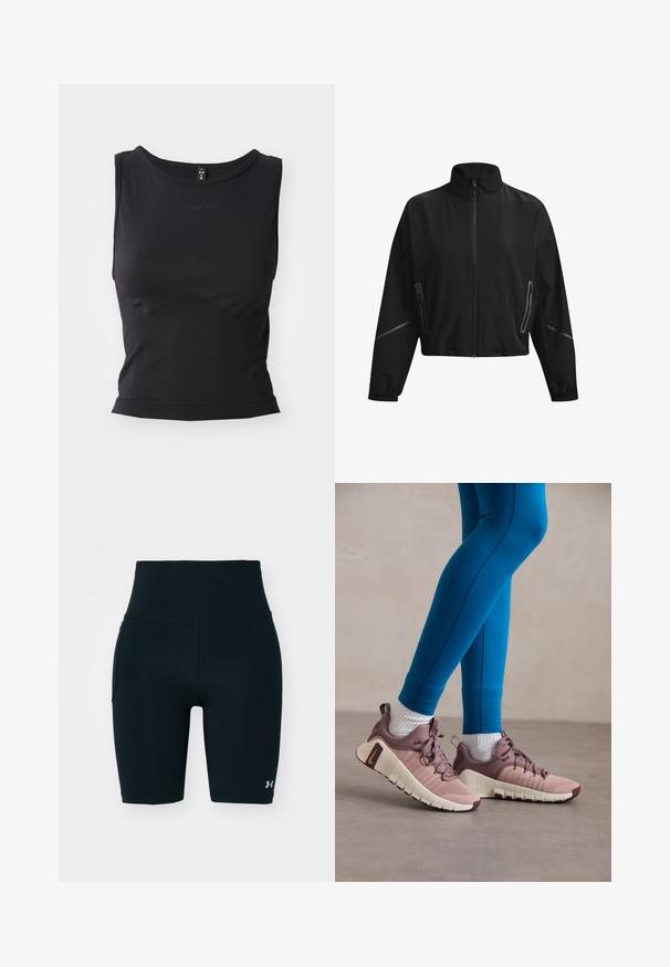 Fekete, cropped dzseki magas gallérral, elülső cipzárral, rugalmas mandzsettákkal és oldalsó cipzáras zsebekkel. Diszkrét fényvisszaverő részletekkel rendelkezik.; Fekete ujjatlan sporttop, sima anyagból készült, kerek nyakkivágással és testhezálló fazonnal, finom logóval díszítve.; Fekete sportcicanadrág rugalmas anyagból, magas derékkal és oldalsó zsebbel. Simas texture flat varratokkal és logó kiemeléssel.; Sportcipők világos rózsaszín és bézs színben, textúrált oldalsó panelekkel, barna részletekkel és rugalmas talpakkal. Kék leggings és fehér zoknik társaságában viselve.