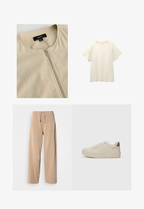 Beige Jacke mit Rundhalsausschnitt und silbernem Reißverschluss. Hergestellt aus glattem Stoff mit dezentem Glanz. Das Etikett trägt die Aufschrift "NEXT."; Helles beige T-Shirt mit kurzen Ärmeln und Rundhalsausschnitt, aus weichem, glattem Stoff gefertigt. Verfügt über eine lockere Passform und einen geraden Saum.; Beige, weit geschnittene Hose aus weichem Stoff mit elastischem Bund und Kordelzug. Mit dezentem Branding an der Seite und seitlichen Taschen.; Cremfarbene Sneakers mit einer flachen, strukturierten Sohle, runder Zehenpartie und dünnen Schnürsenkeln; verfügen über minimale Perforationen und einen hellbraunen Akzent an der Ferse.