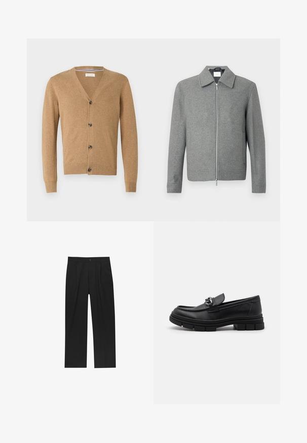 Grå långärmad ulljacka med silverfärgad dragkedja framtill och klassisk krage, uppställd mot en vit bakgrund.; Beige cardigan i mjukt material, med V-ringning, knäppning, långa ärmar samt ribbade muddar och nederkant.; Set med åtta svarta bomullströjor med korta ärmar och rundad halsringning, med en enkel design och mjuk textur.; Svarta byxor med rak ben-design, tillverkade av ett jämnt tyg. Har framfickor och en enkel knapplåsning i midjan.; Svart läderloafersko med rund tå, en dekorativ rem och hårdvara, samt en chunky texturerad sula. Slät finish med subtila detaljer.
