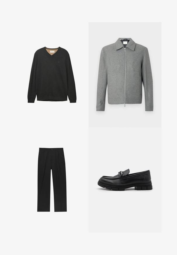 Grå langærmet uldjakke med sølvfarvet lynlås foran og klassisk krave, præsenteret på en hvid baggrund.; Sort V-hals sweater med lange ærmer, lavet af et blødt, tekstureret stof. Har et diskret logo på brystet og ribstrikket halsudskæring og manchetter.; Sæt af otte sorte bomulds t-shirts med korte ærmer og rund hals, der har et enkelt design og en blød tekstur.; Sorte bukser med lige ben, lavet af et glat stof. Har frontfolder og en enkelt knaplukning i taljen.; Sort læderloafer med rund tå, en dekorativ rem og hardware, samt en chunky tekstureret sål. Glat finish med subtile detaljer.