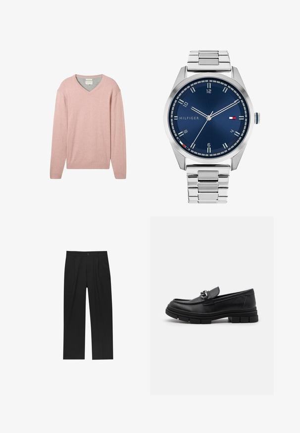 Harmaa pitkähihaine villatakki, jossa on etupuolella hopeinen vetoketju ja klassinen kaulus, esillä valkoista taustaa vasten.; TOM TAILOR MIT V-AUSSCHNITT - Neule - dusty pink melange; Mustat housut suoranlahkeisella muotoilulla, valmistettu sileästä kankaasta. Ominaisuuksiin kuuluu etupleateet ja yksi nappikiinnitys vyötäröllä.; Musta nahkaloaferi pyöreällä varvalla, koristeellisesti varustetulla hihnalla ja metalliosilla sekä paksulla, teksturoidulla pohjalla. Sileä pinta hienovaraisin yksityiskohdin.; Harmaa metallikello, jossa on harjattu sininen taulu, valkoiset tuntimerkit ja päivämääränäyttö. Varustettu linkitetyllä metallirannekkeella ja brändin logolla.