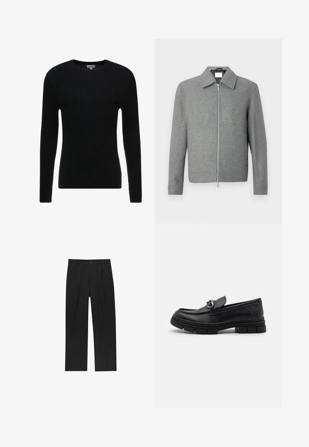 Grå langærmet uldjakke med sølvfarvet lynlås foran og klassisk krave, præsenteret på en hvid baggrund.; Sort ribbet langærmet sweater med rund hals; struktureret stof med lodrette linjer; tætsiddende silhuet; ingen synlige udsmykninger eller detaljer.; Sorte bukser med lige ben, lavet af et glat stof. Har frontfolder og en enkelt knaplukning i taljen.; Sort læderloafer med rund tå, en dekorativ rem og hardware, samt en chunky tekstureret sål. Glat finish med subtile detaljer.