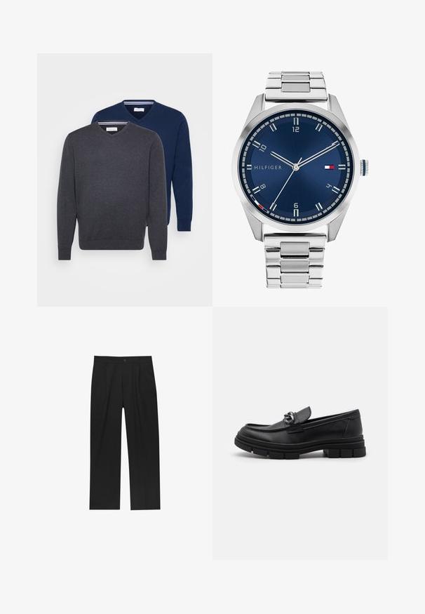 Grijze lange mouw woljas met een zilveren rits aan de voorkant en een klassieke kraag, weergegeven op een witte achtergrond.; Twee V-hals truien in donkergrijs en marineblauw, gemaakt van een zachte stof met geribbeld boord en een gestreept detail aan de binnenkant van de halslijn.; Zwarte broeken met een recht model, gemaakt van een gladde stof. Voorzien van een voorplooien en een enkele knoopsluiting bij de taille.; Zwarte leren instapper met een ronde neus, een decoratieve band en hardware, en een chunky, gestructureerde zool. Glad afwerking met subtiele details.; Zilveren metalen horloge met een geborstelde blauwe wijzerplaat, witte uurmarkeringen en een datumweergave. Voorzien van een geschakelde metalen band en het logo van het merk.