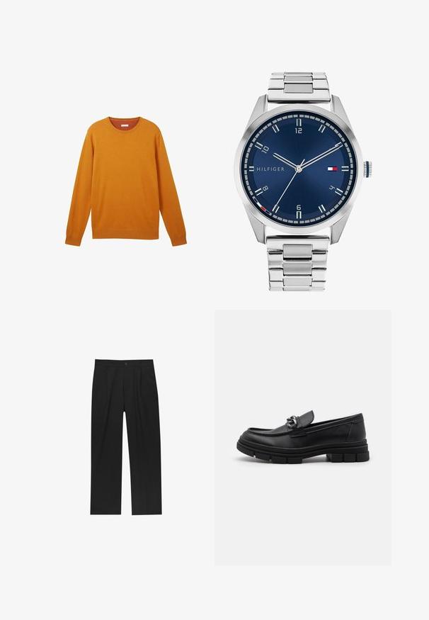 Šedý vlnený kabát s dlhým rukávom a predným strieborným zipsom, s klasickým golierom, vystavený na bielom pozadí.; Oranžový sveter s dlhým rukávom a okrúhlym výstrihom, s rebrovanými manžetami a lemem, jemnou textúrou a malým logom na hrudi. Ľahký pletený materiál.; Čierne nohavice s rovnými nohavicami, vyrobené z hladkej tkaniny. Majú predné puky a jediné gombíkové zapínanie v páse.; Čierne kožené mokasíny s okrúhlym špičkou, dekoračným pásikom a kovovými prvkami, a robustnou textúrovanou podrážkou. Hladký povrch s jemnými detailami.; Strieborné kovové hodinky s brúseným modrým ciferníkom, bielymi indexmi a zobrazením dátumu. Majú prepojený kovový remienok a logo značky.