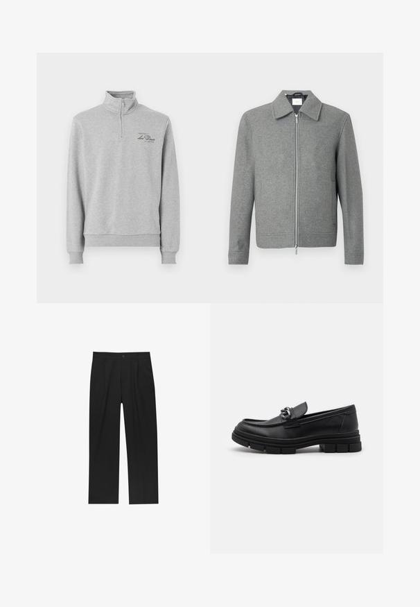 Siva vunena jakna dugih rukava s prednjim srebrnim patentnim zatvaračem i klasičnom kragnom, prikazana na bijeloj pozadini.; Sivi pulover s visokom ovratnikom, polu-zip zatvaranjem, rebrastim manžetama i suptilnim otisnutim logotipom na lijevoj strani prsnog koša. Mekana tekstura tkanine.; Set od osam crnih pamučnih majica s kratkim rukavima i okruglim izrezom, s jednostavnim dizajnom i mekanom teksturom.; Crne hlače ravnog kroja, izrađene od glatkog materijala. Imaju prednje nabore i jedan dugme na struku.; Crne kožne mokasine s zaobljenim vrhom, dekorativnom trakom i hardverom, te masivnom teksturiranom potplatom. Glatka površina s suptilnim detaljima.