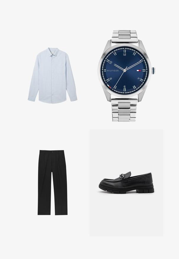 Harmaa pitkähihaine villatakki, jossa on etupuolella hopeinen vetoketju ja klassinen kaulus, esillä valkoista taustaa vasten.; Vaaleansininen pitkähihaisen napillinen paita, jossa on ohuita valkoisia raitoja, klassinen kaulus ja vasemmassa rinnassa päällys tasku, valmistettu puuvillakankaasta.; Mustat housut suoranlahkeisella muotoilulla, valmistettu sileästä kankaasta. Ominaisuuksiin kuuluu etupleateet ja yksi nappikiinnitys vyötäröllä.; Musta nahkaloaferi pyöreällä varvalla, koristeellisesti varustetulla hihnalla ja metalliosilla sekä paksulla, teksturoidulla pohjalla. Sileä pinta hienovaraisin yksityiskohdin.; Harmaa metallikello, jossa on harjattu sininen taulu, valkoiset tuntimerkit ja päivämääränäyttö. Varustettu linkitetyllä metallirannekkeella ja brändin logolla.