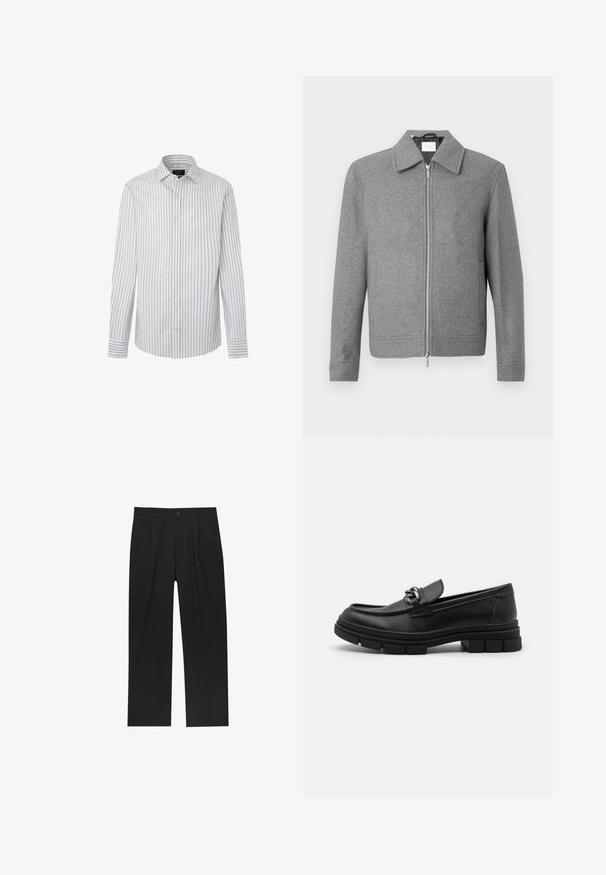 Grå långärmad ulljacka med silverfärgad dragkedja framtill och klassisk krage, uppställd mot en vit bakgrund.; Randig skjorta i ljusgrått och vitt, med klassisk krage, långa ärmar och manschettdetaljer med matchande ränder.; Svarta byxor med rak ben-design, tillverkade av ett jämnt tyg. Har framfickor och en enkel knapplåsning i midjan.; Svart läderloafersko med rund tå, en dekorativ rem och hårdvara, samt en chunky texturerad sula. Slät finish med subtila detaljer.