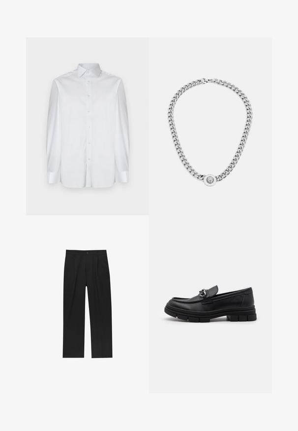 Grå långärmad ulljacka med silverfärgad dragkedja framtill och klassisk krage, uppställd mot en vit bakgrund.; Vit långärmad skjorta i mjukt tyg, med spetsig krage, knappstängning framtill och kontrasterande manschetter. Inga synliga mönster.; Svarta byxor med rak ben-design, tillverkade av ett jämnt tyg. Har framfickor och en enkel knapplåsning i midjan.; Svart läderloafersko med rund tå, en dekorativ rem och hårdvara, samt en chunky texturerad sula. Slät finish med subtila detaljer.; Silverfärgad kedjohalsband med tjocka länkar och en central rund berlock med intrikata detaljer. Slät, reflekterande metallyta.