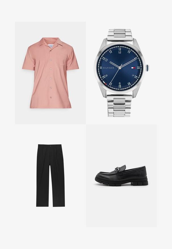 Grijze lange mouw woljas met een zilveren rits aan de voorkant en een klassieke kraag, weergegeven op een witte achtergrond.; Korte mouwen overhemd met knopen in lichtroze, gemaakt van gladde stof. Beschikt over een borstzak en een klassieke kraag met knopen aan de voorkant.; Zwarte broeken met een recht model, gemaakt van een gladde stof. Voorzien van een voorplooien en een enkele knoopsluiting bij de taille.; Zwarte leren instapper met een ronde neus, een decoratieve band en hardware, en een chunky, gestructureerde zool. Glad afwerking met subtiele details.; Zilveren metalen horloge met een geborstelde blauwe wijzerplaat, witte uurmarkeringen en een datumweergave. Voorzien van een geschakelde metalen band en het logo van het merk.