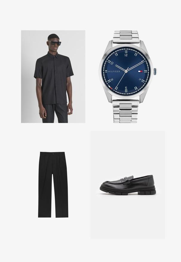 Grijze lange mouw woljas met een zilveren rits aan de voorkant en een klassieke kraag, weergegeven op een witte achtergrond.; Korte mouwen, zwart overhemdd met knopen van textuurstof, met een klassieke kraag en een rechte zoom. Ggedragen met donkere zonnebril.; Zwarte broeken met een recht model, gemaakt van een gladde stof. Voorzien van een voorplooien en een enkele knoopsluiting bij de taille.; Zwarte leren instappers met een gladde afwerking, voorzien van een voorste banddetail en een stevige rubberen zool met gegroefde accenten.; Zilveren metalen horloge met een geborstelde blauwe wijzerplaat, witte uurmarkeringen en een datumweergave. Voorzien van een geschakelde metalen band en het logo van het merk.