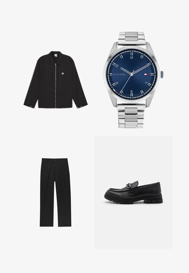Szary, długi sweter wełniany z długim rękawem, z przodu z suwakiem w kolorze srebrnym i klasycznym kołnierzykiem, zaprezentowany na białym tle.; Czarna kurtka zapinana na zamek z kołnierzykiem typu point, dwoma przednimi kieszeniami i małą naszywką z logo na piersi. Tkanina ma gładką teksturę.; Czarne spodnie o prostym kroju, wykonane z gładkiego materiału. Posiadają zakładki z przodu i pojedyncze zapięcie na guziki w pasie.; Czarne skórzane półbuty z okrągłym noskiem, dekoracyjnym paskiem i elementami metalowymi oraz grubą, fakturowaną podeszwą. Gładkie wykończenie z subtelnymi detalami.; Srebrny zegarek metalowy z satynową niebieską tarczą, białymi znacznikami godzin oraz wyświetlaczem daty. Posiada ogniwowy metalowy pasek i logo marki.