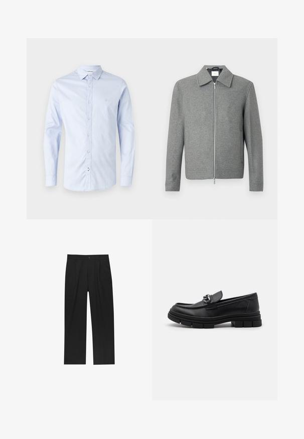 Giacca di lana grigia a maniche lunghe con zipper argento frontale e colletto classico, esposta su uno sfondo bianco.; Camicia azzurro chiaro a maniche lunghe con bottoni, realizzata in cotone, con colletto classico, bottoni frontali e un logo discreto sul petto.; Set di otto t-shirt nere in cotone con maniche corte e collo a giro, caratterizzate da un design semplice e una texture morbida.; Pantaloni neri con un design a gamba dritta, realizzati in un tessuto liscio. Presentano pieghe frontali e una chiusura a un bottone in vita.; Mocassino in pelle nera con punta arrotondata, una fascia decorativa e accessori in metallo, e una suola spessa e testurizzata. Finitura liscia con dettagli sottili.