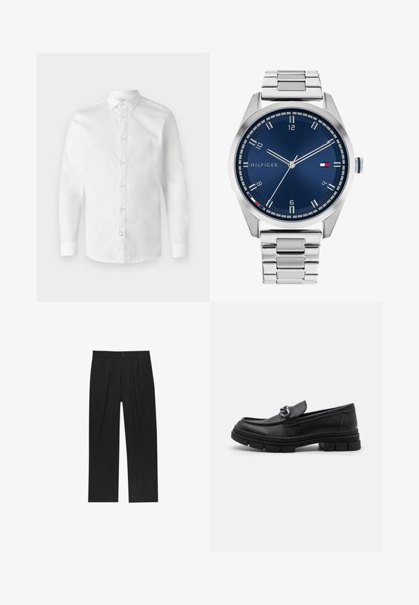Grajanger Wolljacke mit langen Ärmeln, Front-Reißverschluss in Silber und klassischem Kragen, auf einem weißen Hintergrund präsentiert.; Weißes Langarmhemd aus glattem Baumwollstoff mit durchgehender Knopfleiste und klassischem Kragen. Mit feinen Nähten und kleinem Logo auf der linken Brust.; Schwarze Hose mit geradem Schnitt, aus einem glatten Stoff gefertigt. Verfügt über Vorderfalten und einen einzelnen Knopfverschluss an der Taille.; Schwarzer Lederloafer mit runder Zehenform, einem dekorativen Riemen und Hardware sowie einer robusten, strukturierten Sohle. Glatte Oberfläche mit dezenten Details.; Silberne Metall-Uhr mit einem gebürsteten blauen Zifferblatt, weißen Stundenmarkierungen und einem Datumsanzeiger. Verfügt über ein verlinktes Metallarmband und ein Markenlogo.