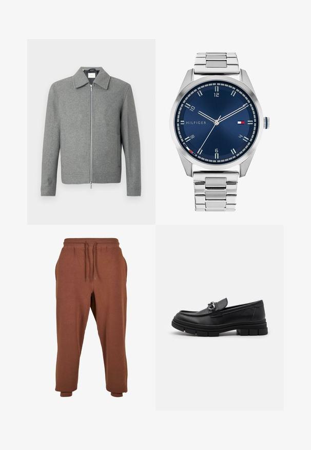 Gray long-sleeve wool jacket with front silver zipper and a classic collar, displayed on a white background.; White cotton T-shirt with short sleeves, a crew neck, and a smooth texture. Features minimal branding on the neckline.; Urban Classics Tracksuit bottoms - bark; Black leather loafer with a rounded toe, a decorative strap and hardware, and a chunky textured sole. Smooth finish with subtle detailing.; Silver metal watch with a brushed blue dial, white hour markers, and a date display. Features a linked metallic band and brand logo.