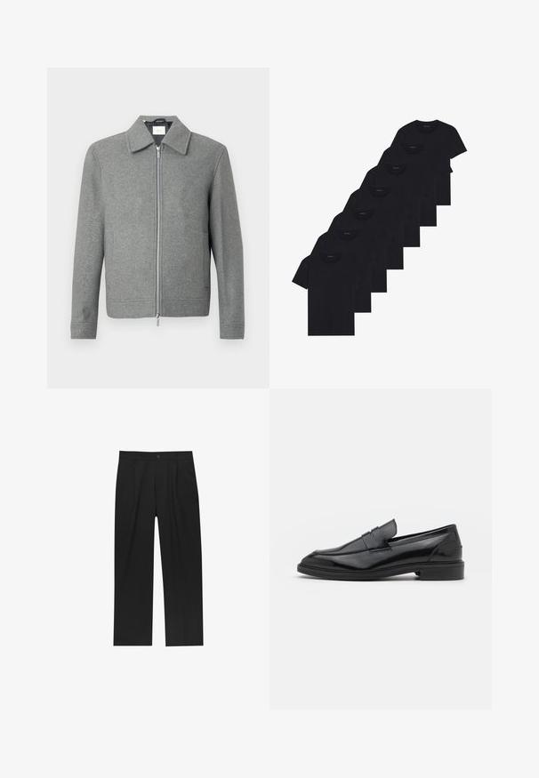 Šedý vlnený kabát s dlouhým rukávem a stříbrným zipem vpředu, s klasickým límcem, vystavený na bílém pozadí.; Sada osmi černých bavlněných triček s krátkým rukávem a kulatým výstřihem, s jednoduchým designem a jemnou texturou.; Černé kalhoty s rovnými nohavicemi, vyrobené z hladké tkaniny. Mají přední záhyby a jedno knoflíkové zapínání v pase.; Černé kožené mokasíny s hladkým povrchem, s kulatou špičkou a úzkým páskem přes svršek. Nízký vrstvený podpatek.