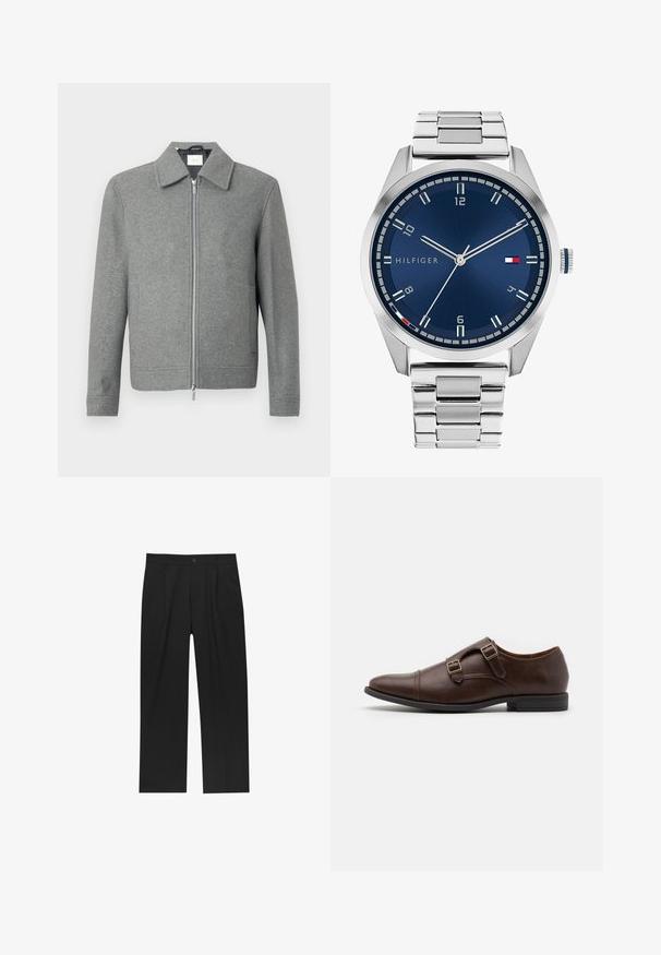 Veste en laine grise à manches longues avec fermeture éclair argentée à l'avant et un col classique, présentée sur un fond blanc.; Ensemble de huit t-shirts noirs en coton à manches courtes et col rond, avec un design uni et une texture douce.; Pantalons noirs au design droit, fabriqués à partir d'un tissu lisse. Dotés de plis sur le devant et d'une fermeture à un bouton à la taille.; Chaussure habillée en cuir marron avec un bout pointu, présentant deux boucles réglables et un design épuré et profil bas. Semelle plate en caoutchouc noir.; Montre en métal argenté avec un cadran bleu brossé, des index heures blancs et un affichage de la date. Comprend un bracelet métallique à maillons et le logo de la marque.