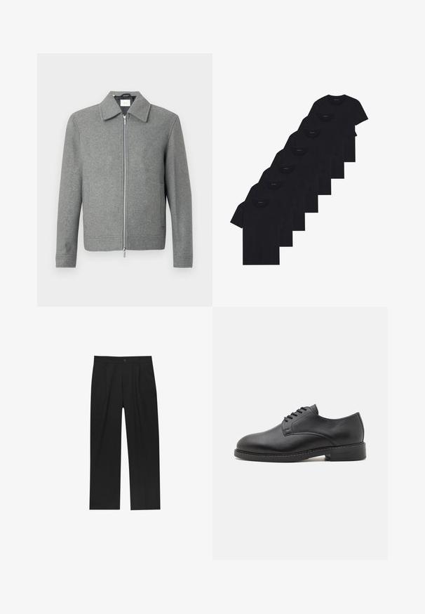 Szürke, hosszú ujjú gyapjú dzseki, elülső ezüst cipzárral és klasszikus gallérral, fehér háttér előtt bemutatva.; Nyolc darabból álló fekete pamut pólókészlet rövid ujjakkal és kerek nyakkal, sima kialakítással és puha felülettel.; Fekete nadrág egyenes szárú kialakítással, sima anyagból készült. Elöl redők és egy gombos záródás található a derékon.; Fekete bőr oxford cipő, lekerekített orral, sima felülettel, ötlyukú fűzőzéssel és alacsony stílusos sarokkal.
