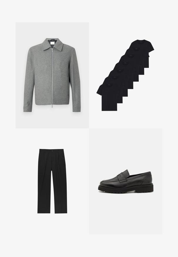 Grijze lange mouw woljas met een zilveren rits aan de voorkant en een klassieke kraag, weergegeven op een witte achtergrond.; Set van acht zwarte katoenen T-shirts met korte mouwen en een ronde hals, met een eenvoudige uitstraling en een zachte textuur.; Zwarte broeken met een recht model, gemaakt van een gladde stof. Voorzien van een voorplooien en een enkele knoopsluiting bij de taille.; Zwarte leren loafers met een ronde neus, gestikte details en een dikke, gestructureerde zool. Heeft een strak, minimalistisch ontwerp.