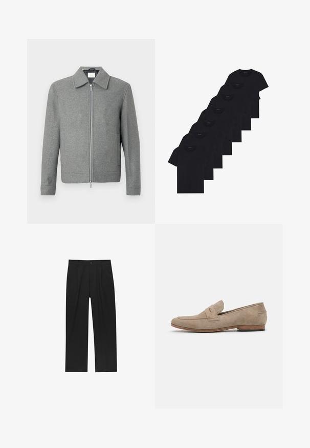 Siv plašč z dolgimi rokavi iz volne s sprednjim srebrnim zadrgo in klasičnim ovratnikom, prikazan na beli ozadju.; Nabor osmih črnih bombažnih majic s kratkimi rokavi in okroglim izrezom, ki imajo preprost dizajn in mehak otip.; Črne hlače z ravnim krojem, narejene iz gladkega materiala. Imajo sprednje gube in enojno zaponko na pasu.; Bež antilop loafers z minimalnim šivom, ravnim peto in usnjeno podplatom. Imajo en trak kot dodatek blizu vamp. Ravan profil.
