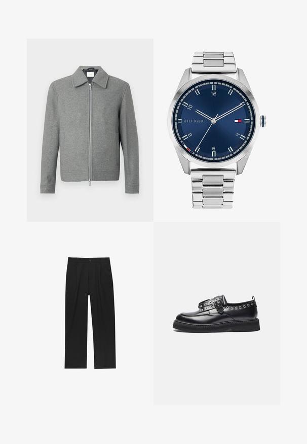 Giacca di lana grigia a maniche lunghe con zipper argento frontale e colletto classico, esposta su uno sfondo bianco.; Set di otto t-shirt nere in cotone con maniche corte e collo a giro, caratterizzate da un design semplice e una texture morbida.; Pantaloni neri con un design a gamba dritta, realizzati in un tessuto liscio. Presentano pieghe frontali e una chiusura a un bottone in vita.; Scarpa in pelle nera con punta arrotondata, dettagli decorativi con occhielli e una cinghia con fibbia, dotata di una suola spessa nera.; Orologio in metallo argentato con quadrante blu spazzolato, indici bianchi e display della data. Dotato di un bracciale metallico a maglie e logo del marchio.