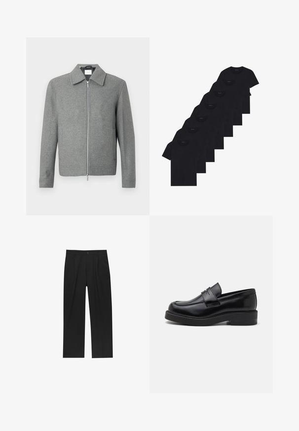 Grijze lange mouw woljas met een zilveren rits aan de voorkant en een klassieke kraag, weergegeven op een witte achtergrond.; Set van acht zwarte katoenen T-shirts met korte mouwen en een ronde hals, met een eenvoudige uitstraling en een zachte textuur.; Zwarte broeken met een recht model, gemaakt van een gladde stof. Voorzien van een voorplooien en een enkele knoopsluiting bij de taille.; Zwarte leren loafer met een ronde neus, decoratieve voorste stiksel en een dikke rubberen zool. Gladde textuur met een gepolijste afwerking.