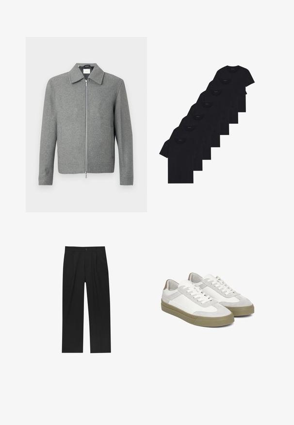 Szürke, hosszú ujjú gyapjú dzseki, elülső ezüst cipzárral és klasszikus gallérral, fehér háttér előtt bemutatva.; Nyolc darabból álló fekete pamut pólókészlet rövid ujjakkal és kerek nyakkal, sima kialakítással és puha felülettel.; Fekete nadrág egyenes szárú kialakítással, sima anyagból készült. Elöl redők és egy gombos záródás található a derékon.; Világosszürke tornacipők, melyek texturált bőr és velúr keverékéből készültek. Lapított fűzőkkel és egy finom zöldes árnyalatú gumitalppal rendelkeznek.