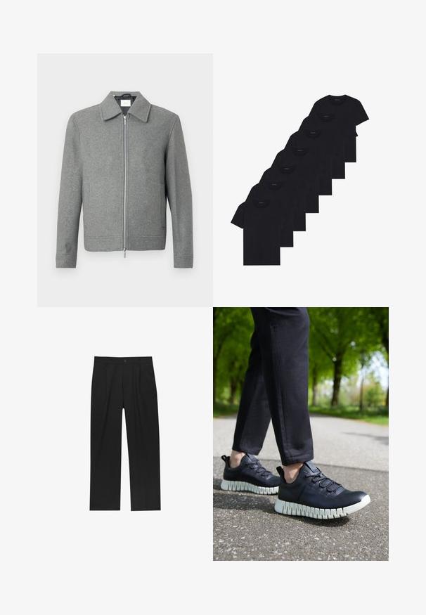 Grajanger Wolljacke mit langen Ärmeln, Front-Reißverschluss in Silber und klassischem Kragen, auf einem weißen Hintergrund präsentiert.; Set aus acht schwarzen Baumwoll-T-Shirts mit kurzen Ärmeln und Rundhalsausschnitten, die ein schlichtes Design und eine weiche Textur aufweisen.; Schwarze Hose mit geradem Schnitt, aus einem glatten Stoff gefertigt. Verfügt über Vorderfalten und einen einzelnen Knopfverschluss an der Taille.; Schwarze Ledersneaker mit strukturierter Oberfläche, ausgestattet mit einer klobigen weißen Sohle und elastischen Schnürsenkeln, vor einem grauen Weg und grünen Bäumen.