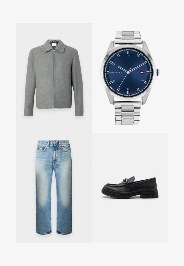 Siv plašč z dolgimi rokavi iz volne s sprednjim srebrnim zadrgo in klasičnim ovratnikom, prikazan na beli ozadju.; Nabor osmih črnih bombažnih majic s kratkimi rokavi in okroglim izrezom, ki imajo preprost dizajn in mehak otip.; Svetlo modre kavbojke z ravnimi nogavicami, z bledenimi predeli, z dizajnom s petimi žepi, z zankami za pas in z zapiranjem na gumb v območju pasu.; Črni usnjeni loaferji z zaobljenim nosom, dekorativnim trakom in dodatki ter debelim teksturiranim podplatom. Gladek zaključek s subtilnimi detajli.; Srebrna kovinska ura z brušenim modrim številcem, belimi številčnicami in prikazom datuma. Ima povezano kovinsko zapestnico in logotip blagovne znamke.
