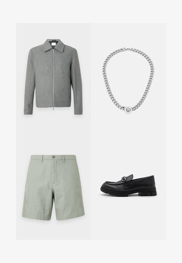 Jachetă lungă din lâna gri, cu mâneci lungi, fermoar frontal argintiu și guler clasic, afișată pe un fundal alb.; Set de opt tricouri negre din bumbac cu mâneci scurte și gât rotund, având un design simplu și o textură moale.; Pantaloni scurți din in verde deschis cu un tiv drept, închidere cu un singur buton și buzunare laterale. Tiv plat cu detalii minime de coase.; Mocasini din piele neagră cu vârful rotund, o curea decorativă și accesorii metalice, și o talpă chunky texturată. Finisaj neted cu detalii subtile.; Colier din argint cu lănțișoare groase și un pandantiv circular central cu detalii intricate. Suprafață metalică netedă și reflexivă.