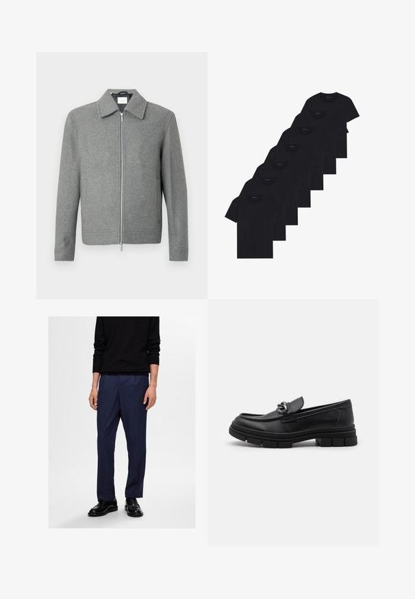 Pilkas ilgas vilnonis švarkas su sidabriniu užtrauktuku priekyje ir klasikiniais atvartais, eksponuojamas baltoje fone.; Aštuoni juodi medvilniniai marškiniai trumpomis rankovėmis ir apvali kaklo iškirpte, su paprastu dizainu ir minkšta tekstūra.; Tamsiai mėlynos pritaikytos kelnės, pagamintos iš lygios medžiagos, su tiesiu siluetu ir subtiliomis priekiniomis raukšlėmis, derinamos su juodais oficialiais batais.; Juodos odinės loafer'iai su apvalia priekiu, dekoratyvine juostele ir metaliniais elementais, taip pat storiu tekstūruotu padu. Lygus paviršius su subtiliu detalizavimu.