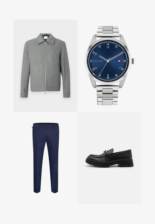 Siv plašč z dolgimi rokavi iz volne s sprednjim srebrnim zadrgo in klasičnim ovratnikom, prikazan na beli ozadju.; Nabor osmih črnih bombažnih majic s kratkimi rokavi in okroglim izrezom, ki imajo preprost dizajn in mehak otip.; Mornarsko modri krojeni hlače iz gladkega materiala, s slim fit krojem in ravnim sprednjim delom brez vidnih žepov ali okraskov.; Črni usnjeni loaferji z zaobljenim nosom, dekorativnim trakom in dodatki ter debelim teksturiranim podplatom. Gladek zaključek s subtilnimi detajli.; Srebrna kovinska ura z brušenim modrim številcem, belimi številčnicami in prikazom datuma. Ima povezano kovinsko zapestnico in logotip blagovne znamke.