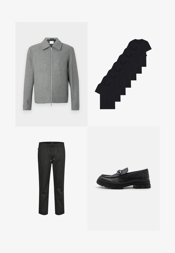 Grå långärmad ulljacka med silverfärgad dragkedja framtill och klassisk krage, uppställd mot en vit bakgrund.; Set med åtta svarta bomullströjor med korta ärmar och rundad halsringning, med en enkel design och mjuk textur.; Svarta bomullbyxor med elastisk midja, snörning och avslappnad passform. Har en slät textur och avsmalnande ben.; Svart läderloafersko med rund tå, en dekorativ rem och hårdvara, samt en chunky texturerad sula. Slät finish med subtila detaljer.